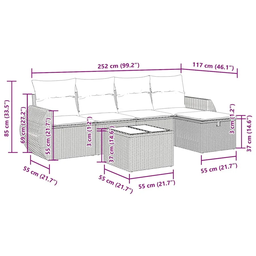 Salon de jardin 6 pcs avec coussins gris résine tressée - 12