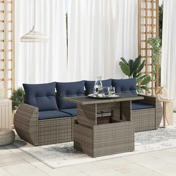 Salon de jardin 5 pcs avec coussins gris résine tressée acacia