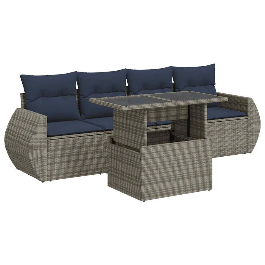 Salon de jardin 5 pcs avec coussins gris résine tressée acacia - 2