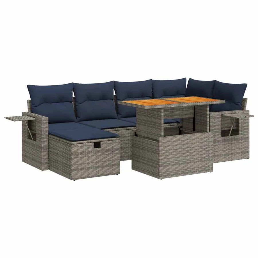 Salon de jardin avec coussins 7 pcs noir résine tressée acacia - 2