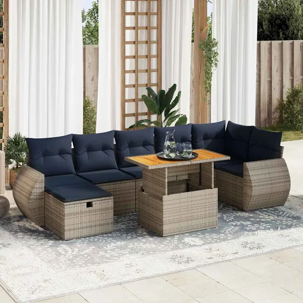 Salon de jardin avec coussins 8 pcs gris résine tressée acacia