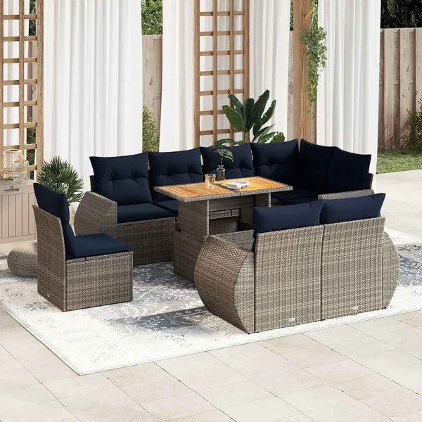 Salon de jardin 9 pcs avec coussins gris résine tressée