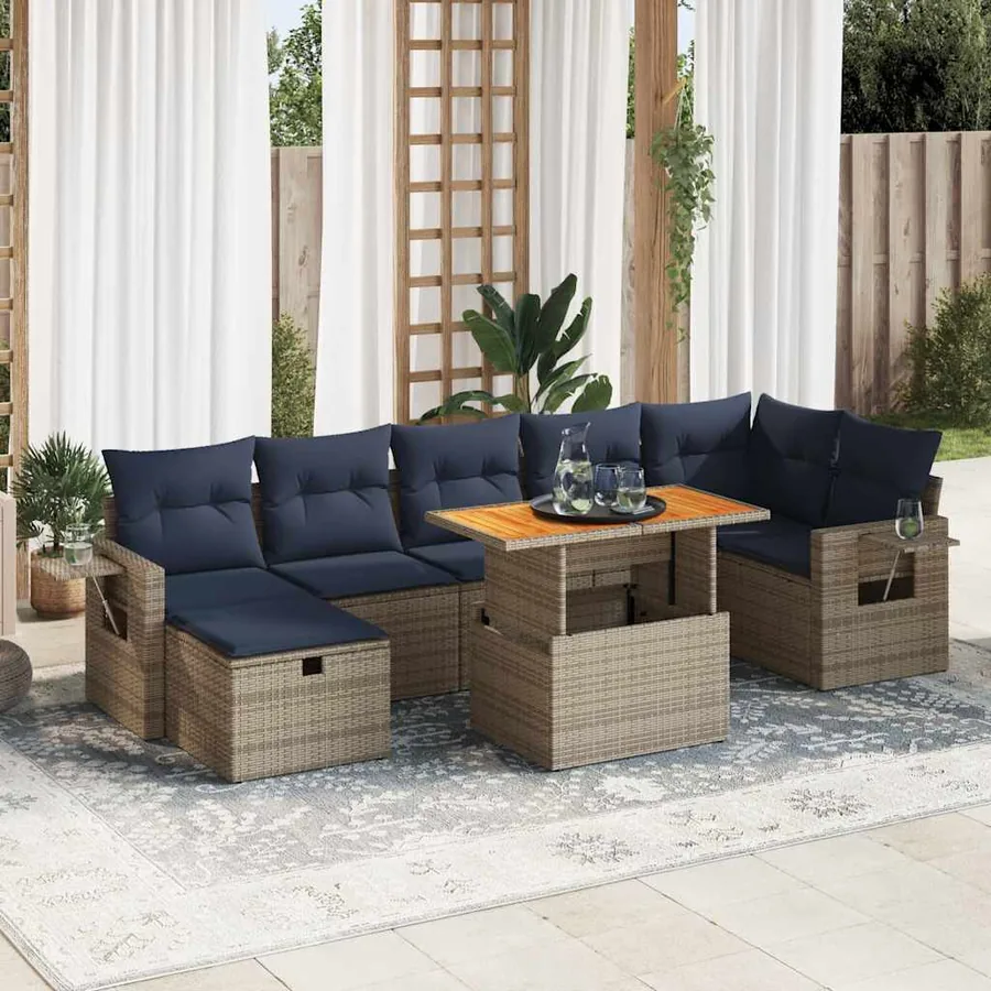 Salon de jardin 8pcs avec coussins marron résine tressée acacia