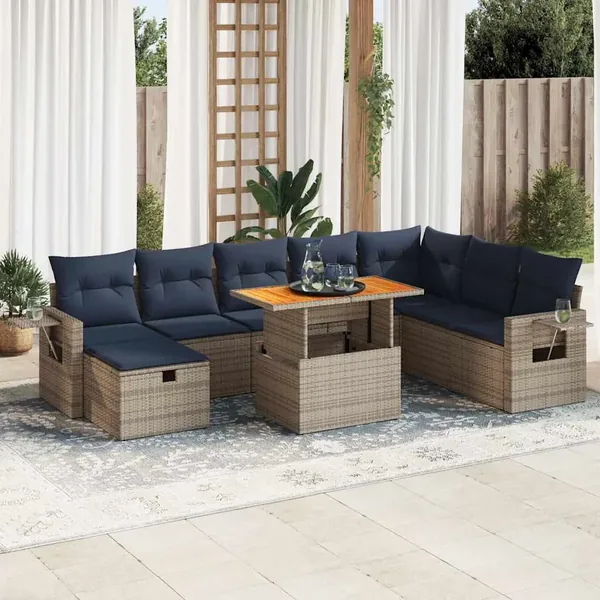 Salon de jardin avec coussins 9 pcs gris résine tressée acacia