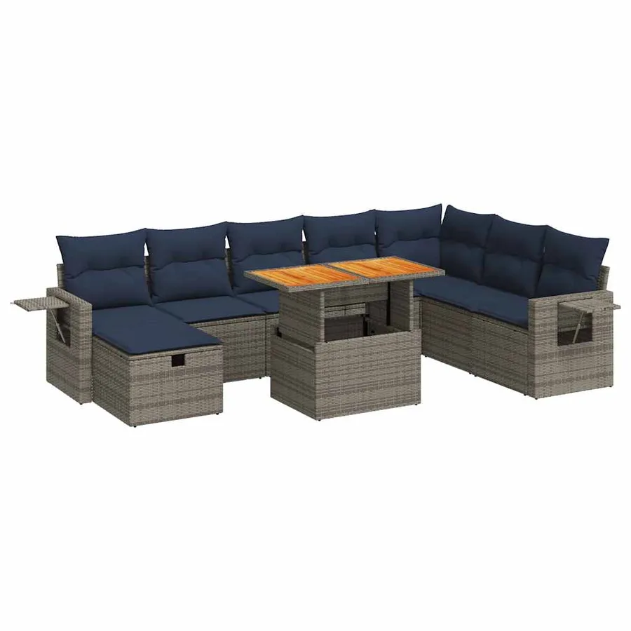 Salon de jardin avec coussins 9 pcs gris résine tressée acacia - 2