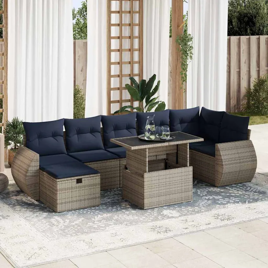 Salon de jardin 8pcs avec coussins gris résine tressée acacia