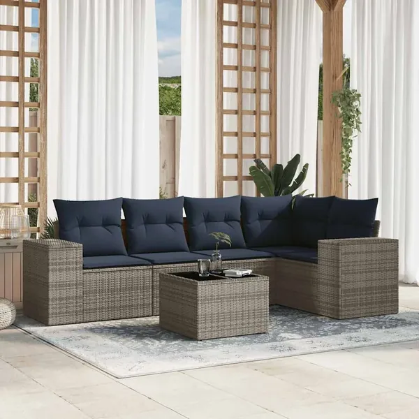 Ensemble de canapé de jardin 6 pcs avec coussins gris résine tressée
