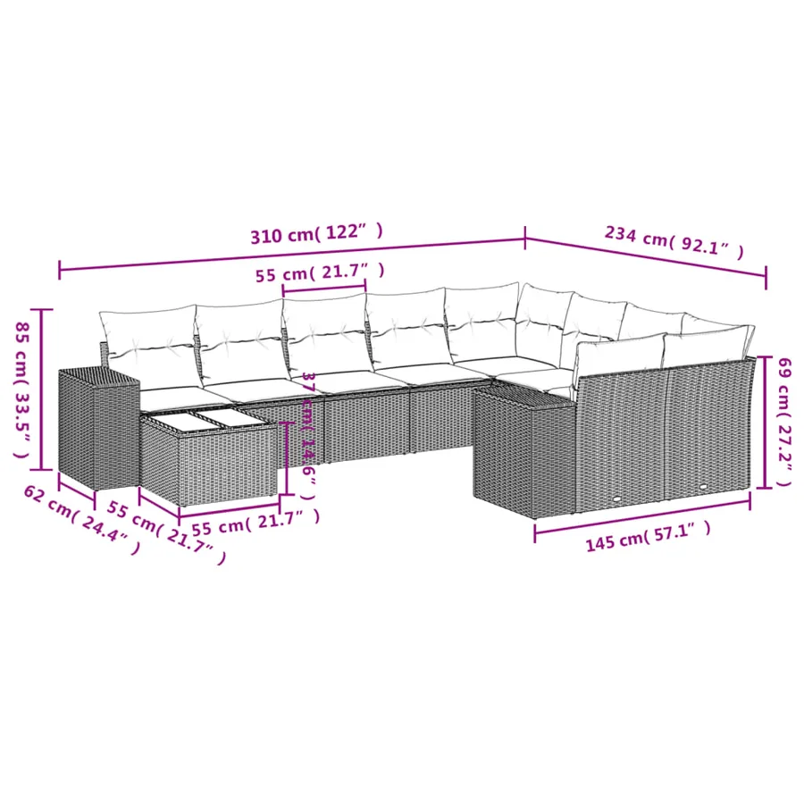 Ensemble de canapé de jardin 10 pcs avec coussins gris résine tressée - 8