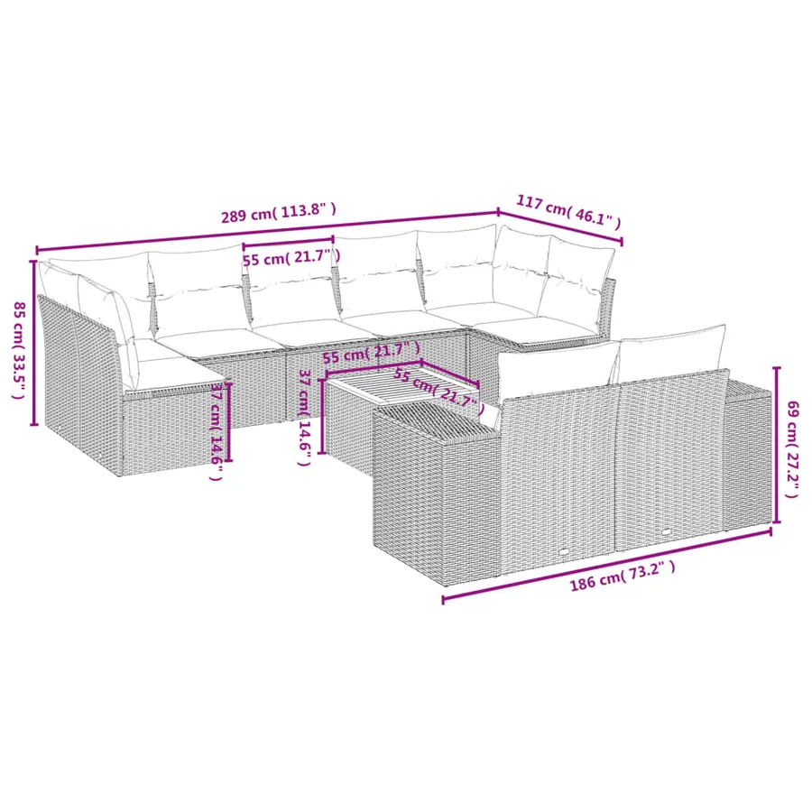 Ensemble de canapé de jardin 10 pcs avec coussins gris résine tressée - 8