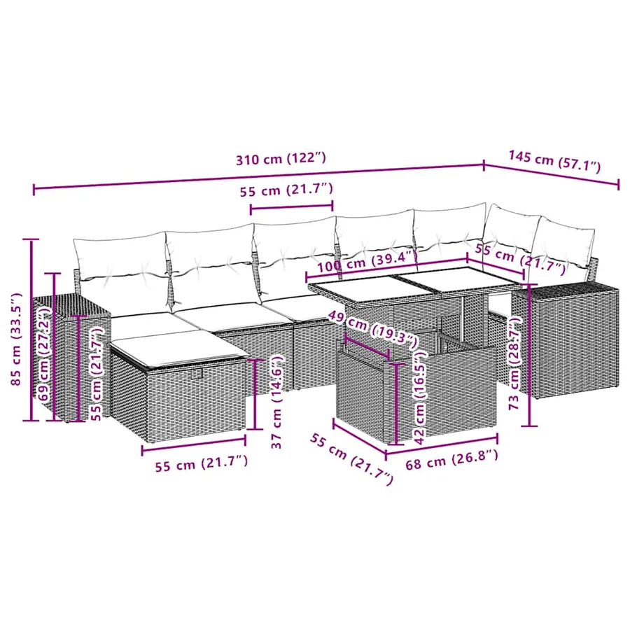 Ensemble de canapé de jardin 8 pcs avec coussins gris résine tressée - 13