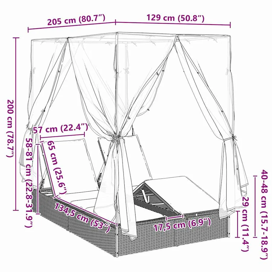 Transat double Réglable Noir 205 x 129 x 200 cm polyrotin - 11