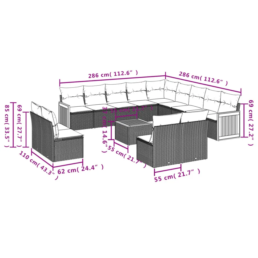 Ensemble de canapé de jardin 14 pcs avec coussins gris résine tressée - 8