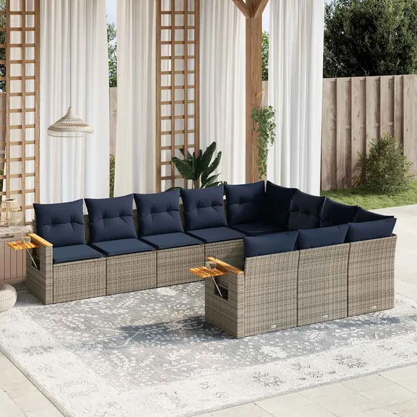 Salon de jardin 10 pcs avec coussins gris résine tressée