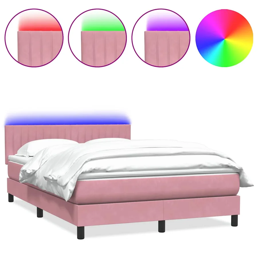 Sommier à lattes de lit avec matelas et LED rose 160x220 cm velours - 2