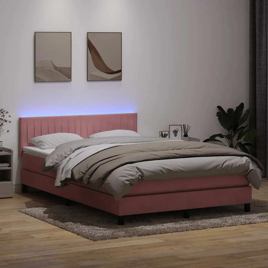 Sommier à lattes de lit avec matelas et LED rose 160x220 cm velours - 4