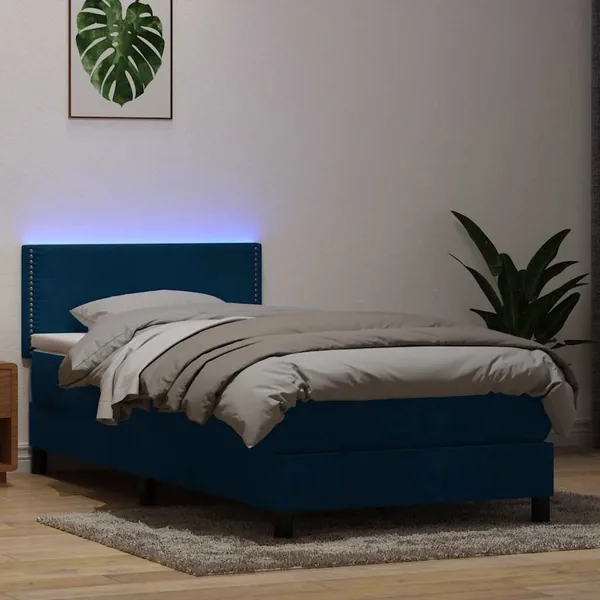 Sommier à lattes de lit et matelas et LED bleu foncé 100x220cm velours