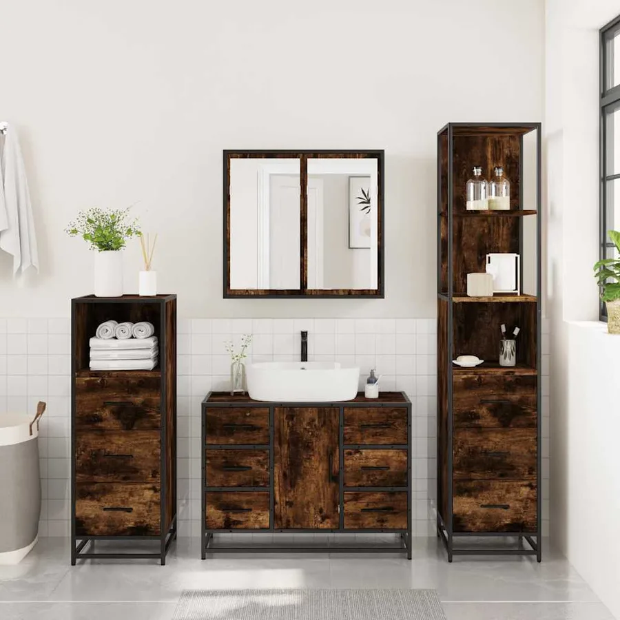 Ensemble meubles salle de bain 4 pcs chêne fumé bois ingénierie - 3