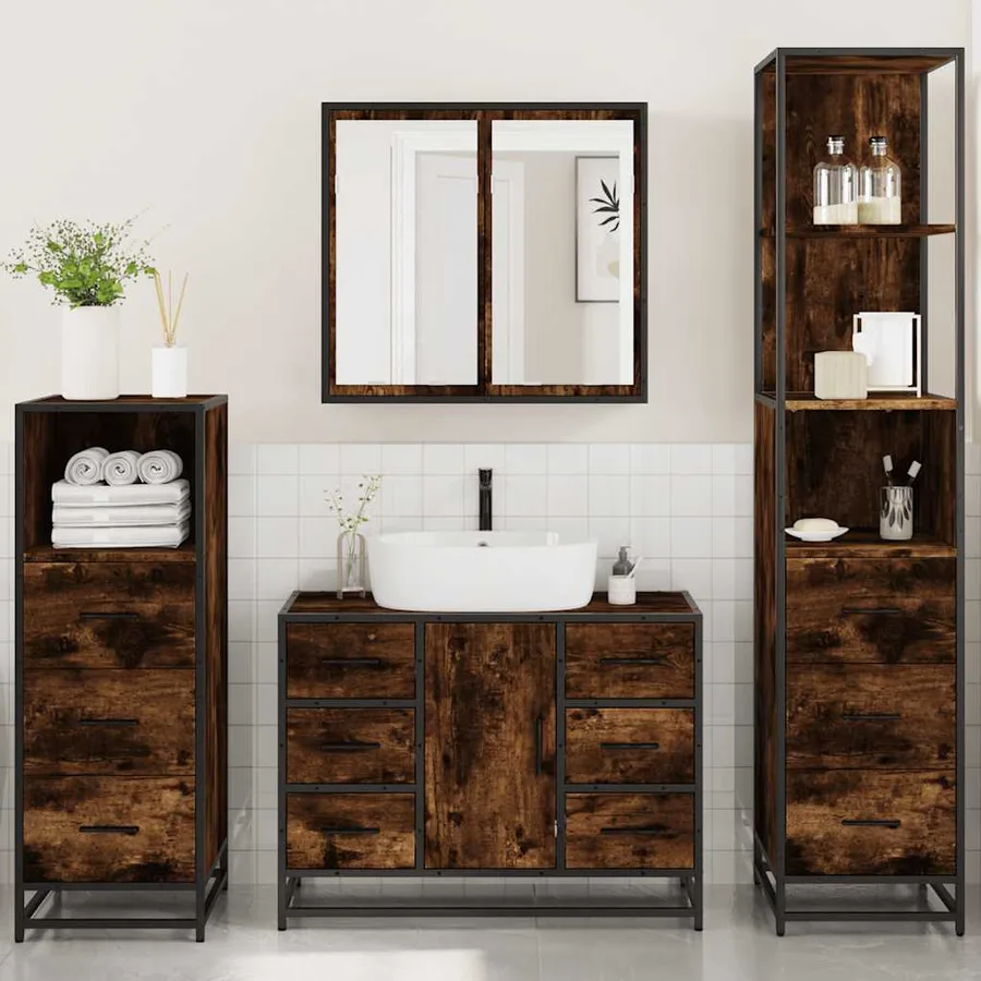 Ensemble meubles salle de bain 4 pcs chêne fumé bois ingénierie - 4