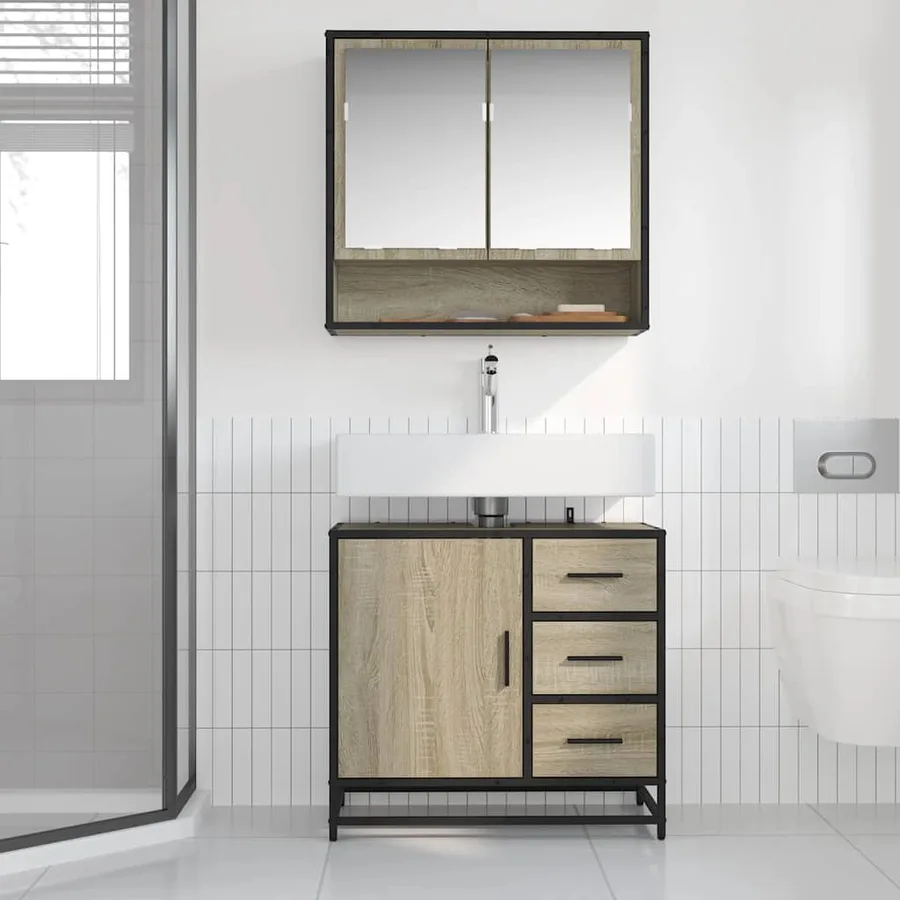 Armoire lavabo de salle de bain chêne sonoma bois d'ingénierie - 3