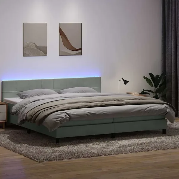 Sommier à lattes de lit et matelas et LED gris clair 200x210cm velours