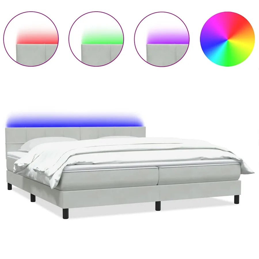 Sommier à lattes de lit et matelas et LED gris clair 200x210cm velours - 2
