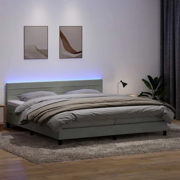 Sommier à lattes de lit et matelas et LED gris clair 200x210cm velours