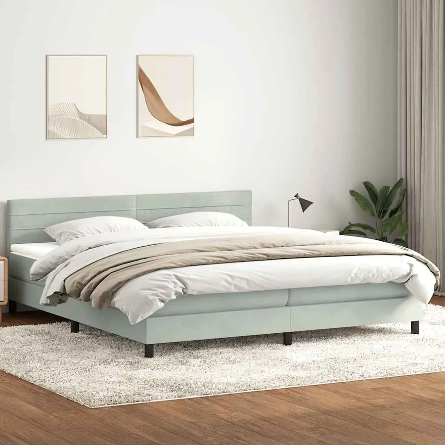 Sommier à lattes de lit et matelas et LED gris clair 200x210cm velours - 4