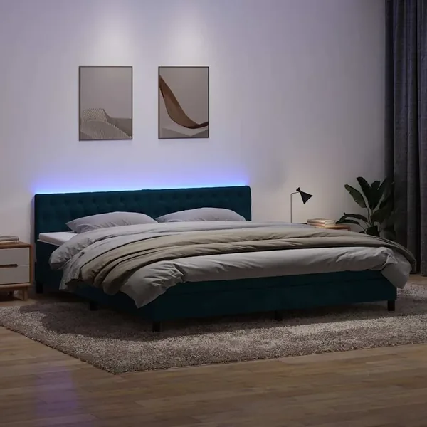 Sommier à lattes de lit et matelas et LED bleu foncé 180x210cm velours