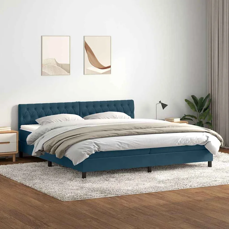 Sommier à lattes de lit et matelas et LED bleu foncé 180x210cm velours - 4