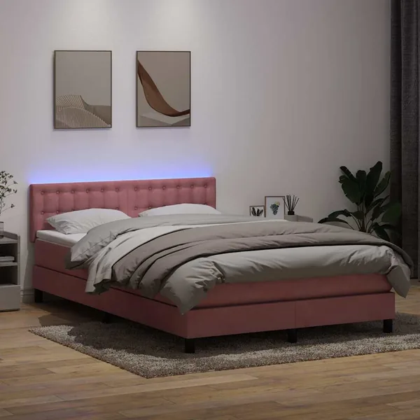 Sommier à lattes de lit avec matelas et LED rose 160x210 cm velours