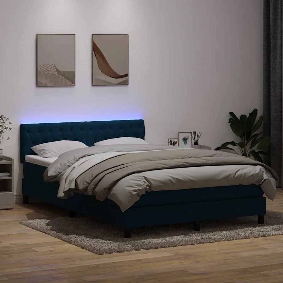 Sommier à lattes de lit et matelas et LED bleu foncé 160x210cm velours - 4