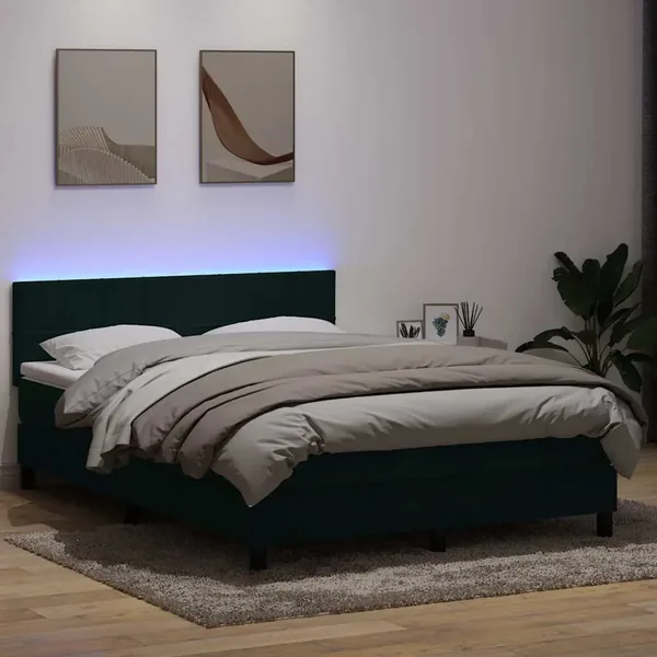 Sommier à lattes de lit et matelas et LED vert foncé 140x210cm velours