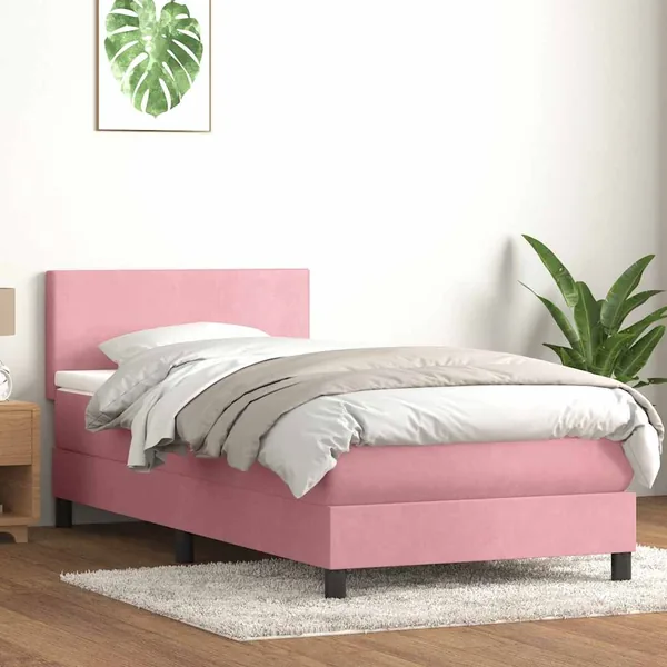 Sommier à lattes de lit avec matelas et LED rose 80x210 cm velours