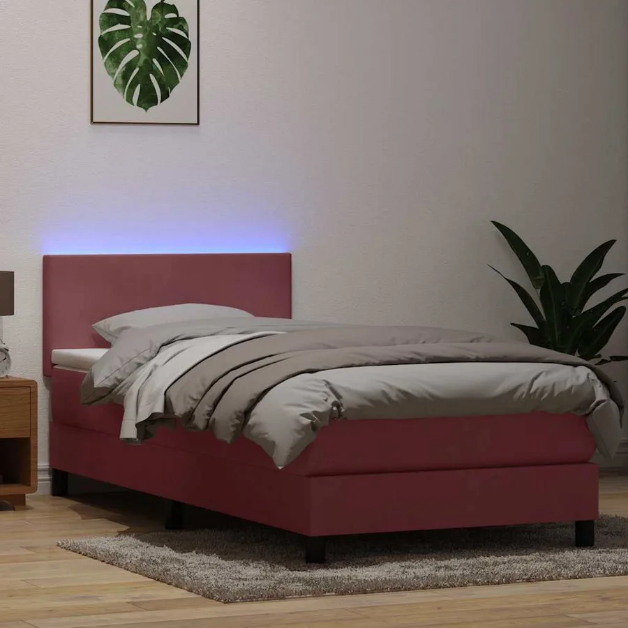 Sommier à lattes de lit avec matelas et LED rose 80x210 cm velours - 4