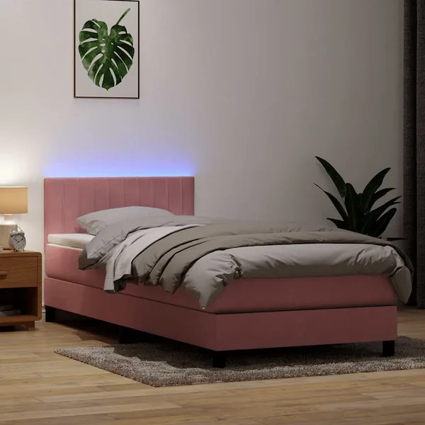Sommier à lattes de lit avec matelas et LED rose 80x210 cm velours