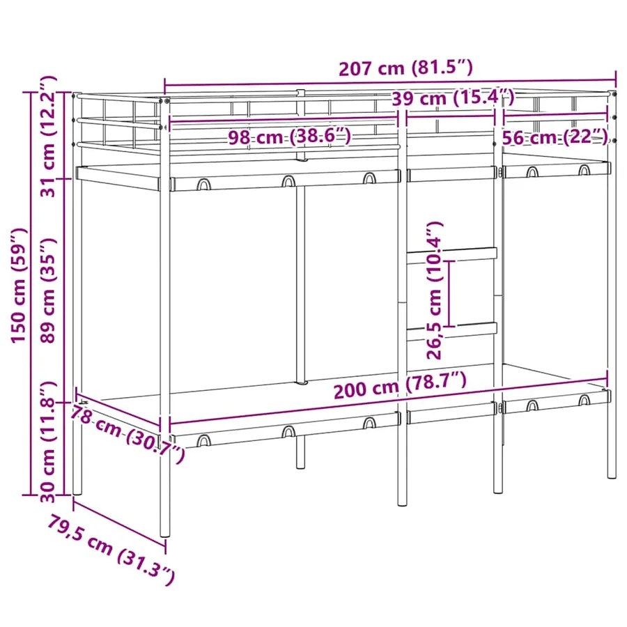 Lit superposé sans matelas noir 80x200 cm acier - 12
