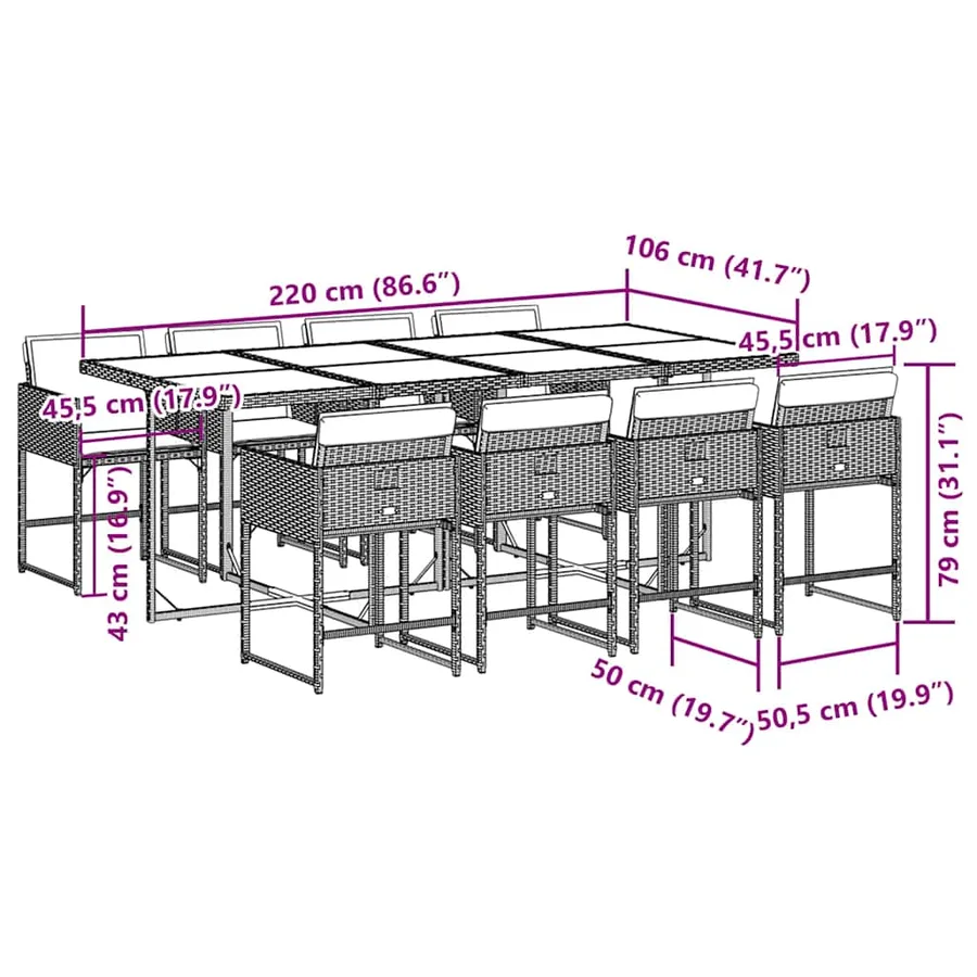 Ensemble à manger de jardin 9pcs coussins noir résine tressée - 6