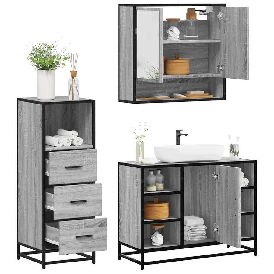 Ensemble de meubles de salle de bain 3 pcs Sonoma gris