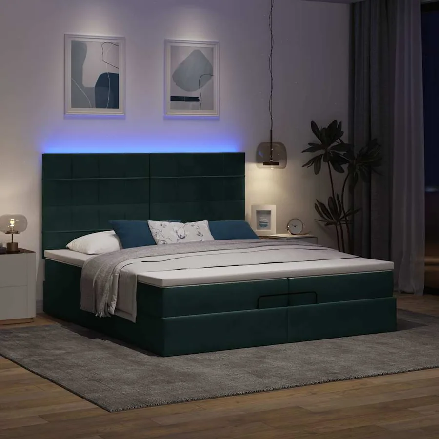 Cadre de lit ottoman avec matelas vert foncé 200x200 cm velours - 3