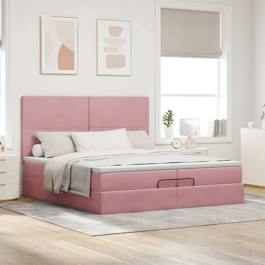 Cadre de lit ottoman avec matelas rose 200x200 cm velours - 3