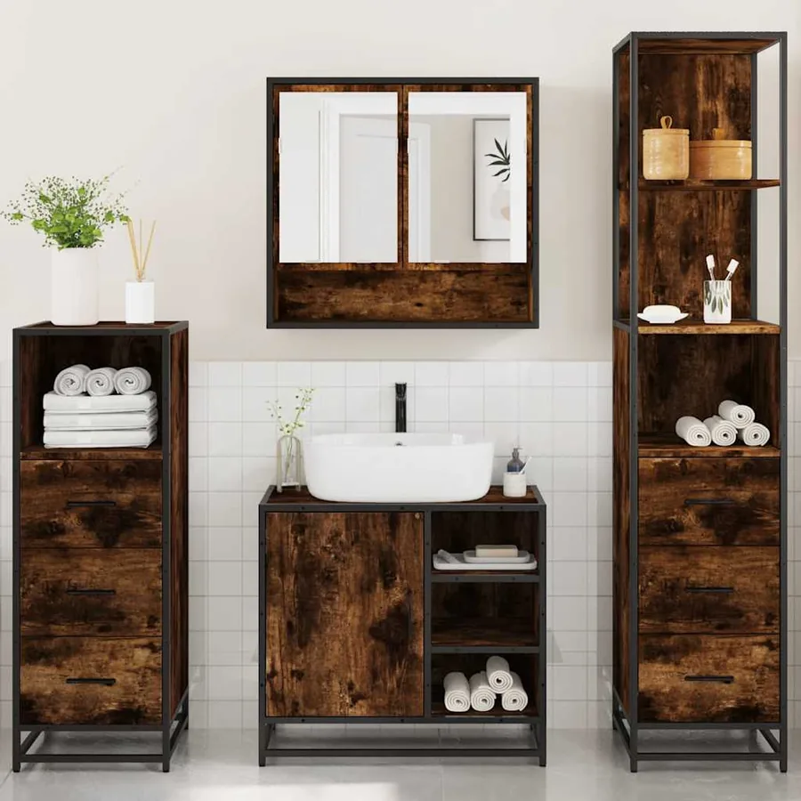 Ensemble meubles salle de bain 4 pcs chêne fumé bois ingénierie - 3