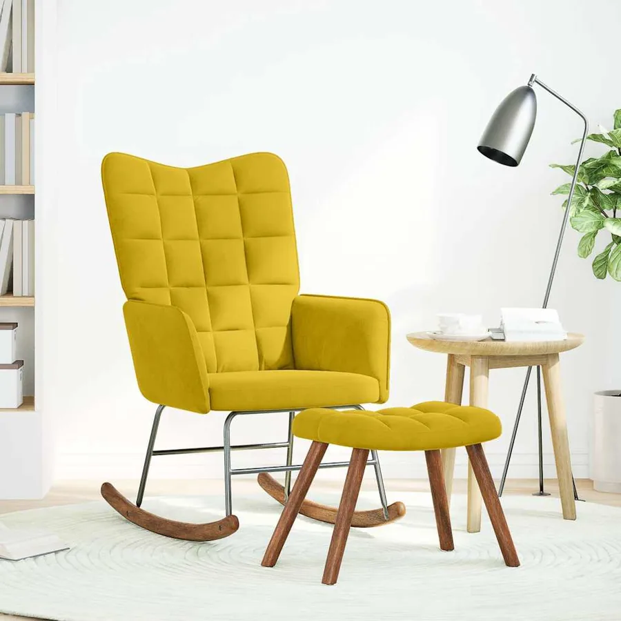 Chaise à bascule avec tabouret en velours jaune - 2
