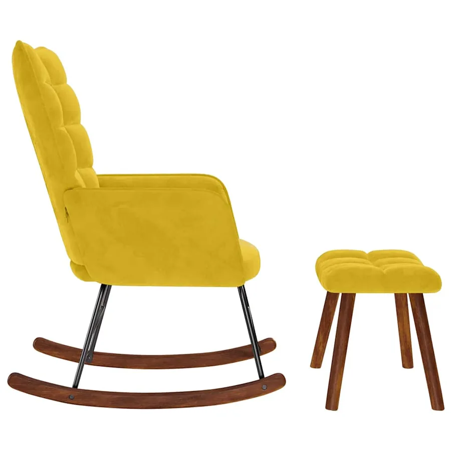Chaise à bascule avec tabouret en velours jaune - 6