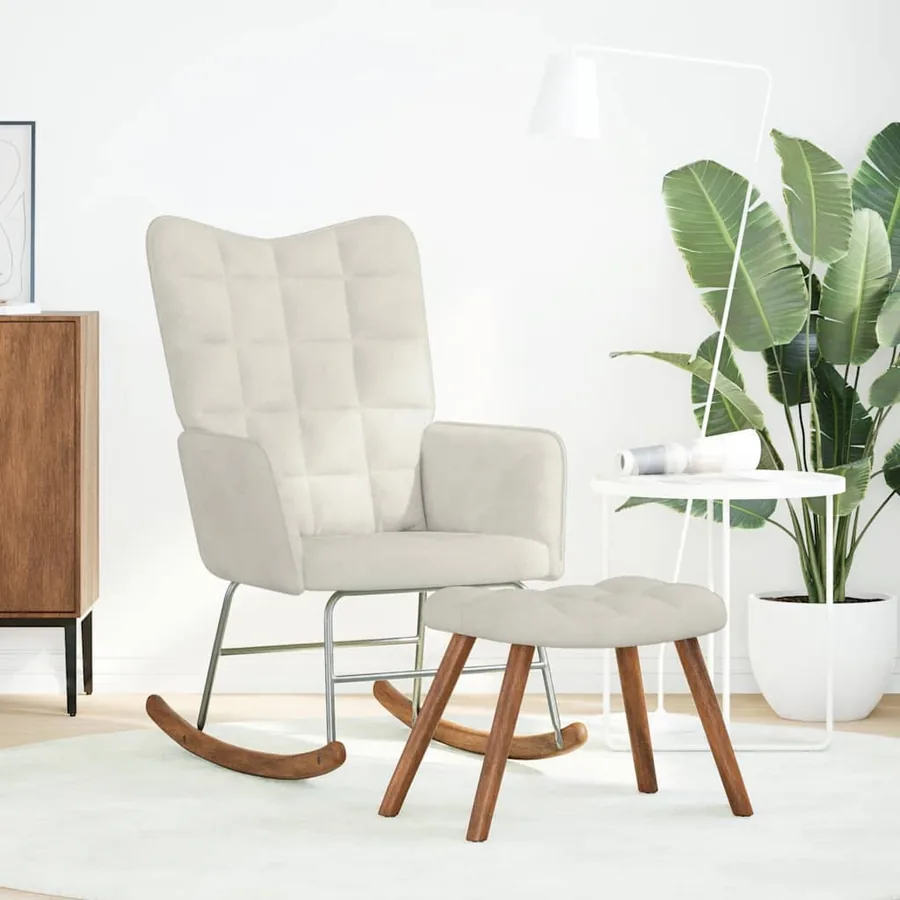 Chaise à bascule avec tabouret en velours crème - 2