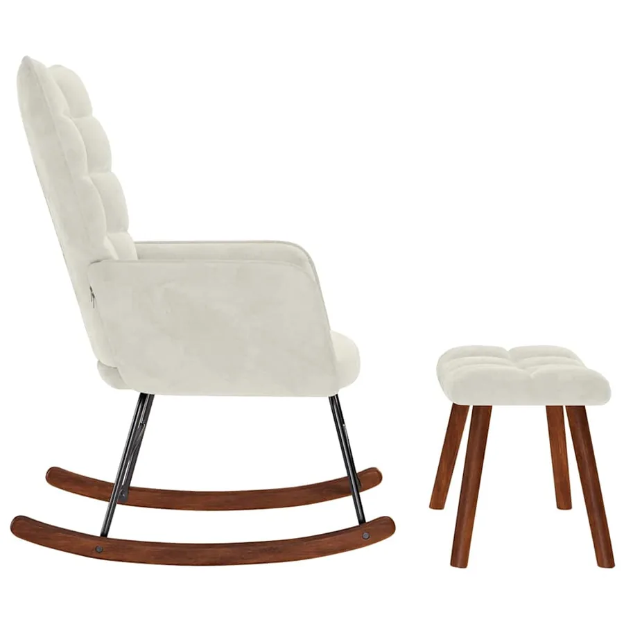 Chaise à bascule avec tabouret en velours crème - 6