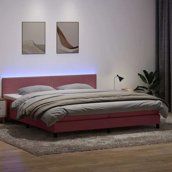 Sommier à lattes de lit avec matelas et LED rose 180x220 cm velours