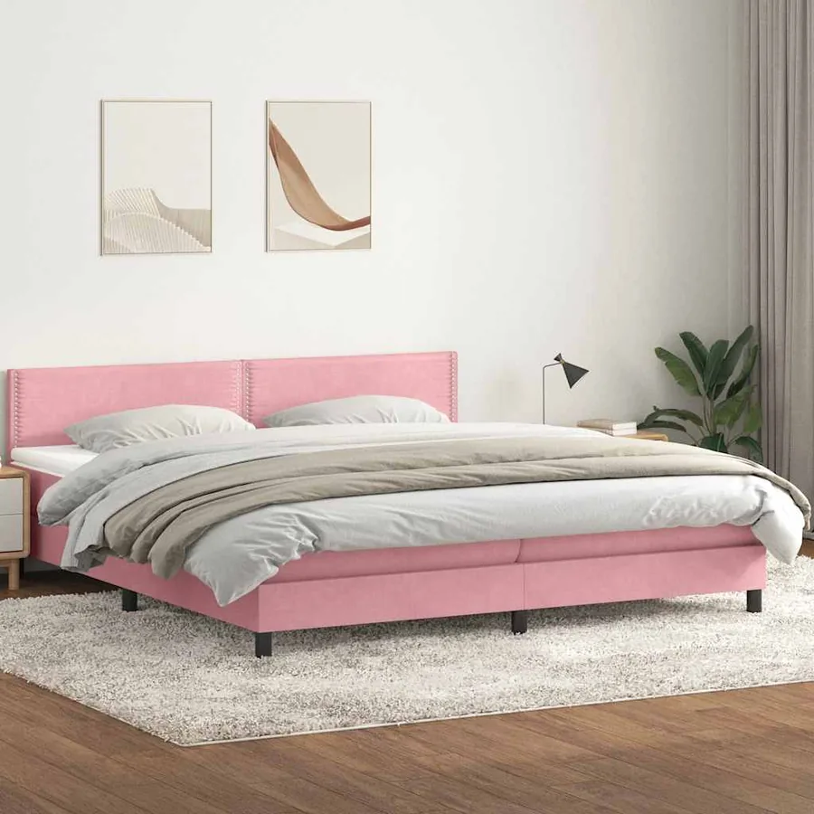 Sommier à lattes de lit avec matelas et LED rose 180x220 cm velours - 4