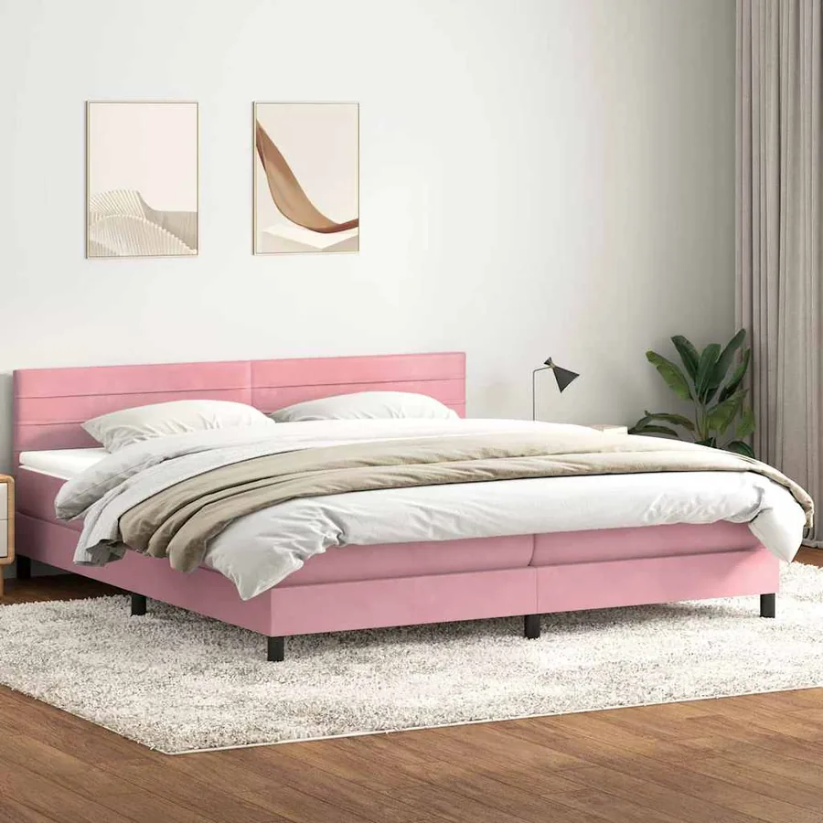 Sommier à lattes de lit avec matelas et LED rose 180x220 cm velours - 4