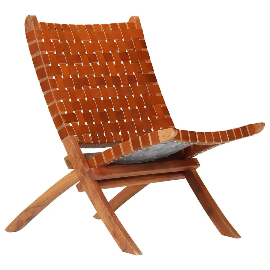 Chaise pliable bandes croisées marron cuir véritable - 18