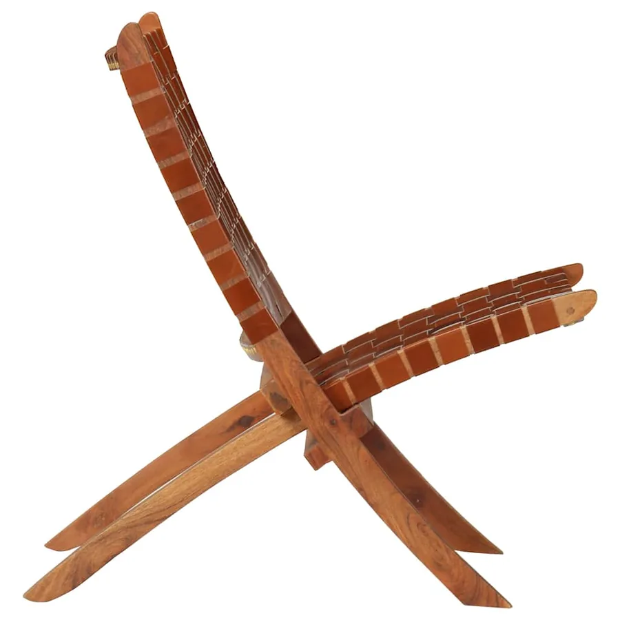 Chaise pliable bandes croisées marron cuir véritable - 3